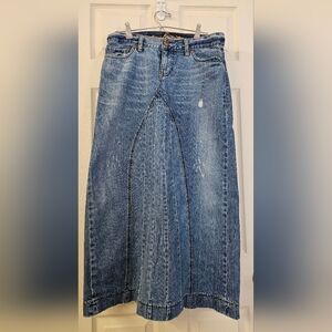 Old Navy Distressed Denim Maxi Skirt with Frayed Hem, Tears, Back Slit - Size 6